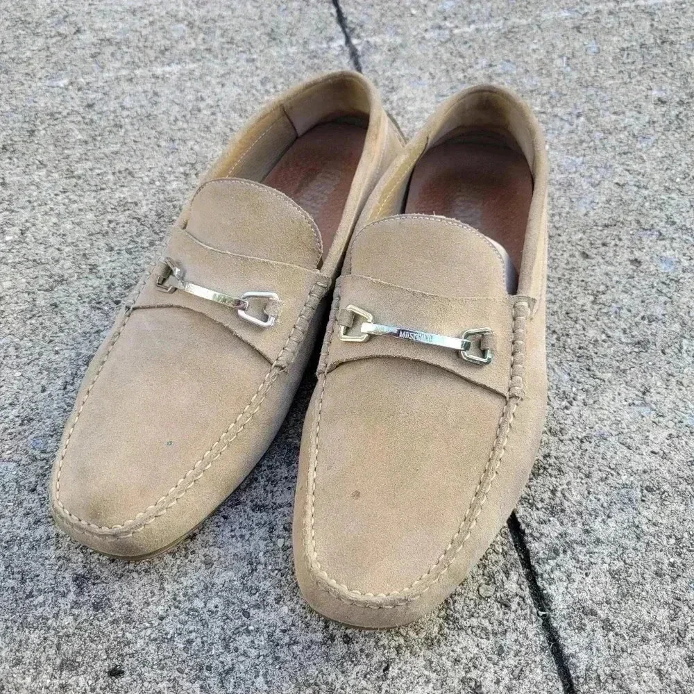 Moschino Mens Genuine Suede Driving Loafers Mocassin Shoes Tan Brown Horsebit 13 - Picture 2 of 11